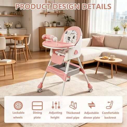 4-in-1 Baby High Chair for Babies & Toddlers, Foldable High Chair with Detachable PU Cushion, Removable Tray, Adjustable Height,Pink in Kuwait