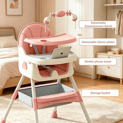 4-in-1 Baby High Chair for Babies & Toddlers, Foldable High Chair with Detachable PU Cushion, Removable Tray, Adjustable Height,Pink in Kuwait