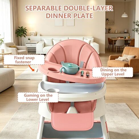 4-in-1 Baby High Chair for Babies & Toddlers, Foldable High Chair with Detachable PU Cushion, Removable Tray, Adjustable Height,Pink in Kuwait