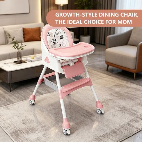 4-in-1 Baby High Chair for Babies & Toddlers, Foldable High Chair with Detachable PU Cushion, Removable Tray, Adjustable Height,Pink in Kuwait