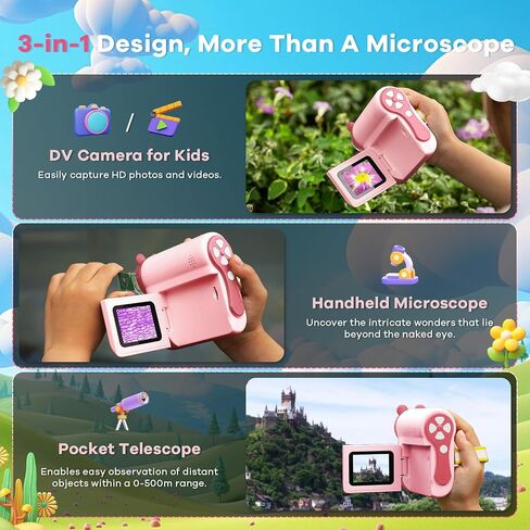 Hideal HP60 IPS Microscope for Kids: [Auto On & Off] [3-in-1] 2" Portable Handheld Microscope Miniscope, Pocket Mini Scope Educational Science Kit, Christmas Birthday Gifts for Kids, PC View, Pink in Kuwait