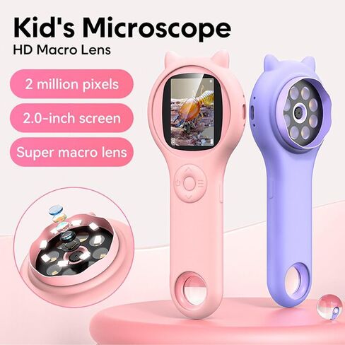 Students Pocket Microscope, 100x -500x Zoom, 8 LED Lights, 2 Inch Screen, 2MP Camera, USB Connectivity, HD Photo/Video, for Kids, Students, Home School () in Kuwait