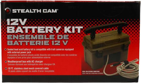 STEALTH CAM 12V Battery Box Kit - Portable Compact Waterproof Sealed Battery Charging Box for Hunting Trail Cameras w/ External Power Jack | AC Charger, 10Ft Steel Cable Included | Weatherproof 12V Sealed Lead-Acid Battery Box with AC Charger and 10ft Sta in Kuwait