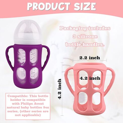 3 Pack Baby Bottle Handles for Philips Avent PP Material Baby Bottles 9oz | Silicone Bottle Handles, Baby Bottle Holder with Easy Grip Handles (Pink+Purple+White) in Kuwait