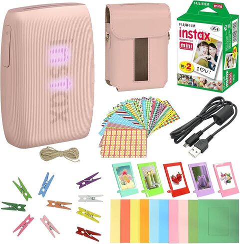 Bundle with Compatible Fuji Mini Link 3 Smartphone Printer Clay White + Fuji Film Value Pack 20 Sheets Accessories Bundle with Album + 5 Plastic Desk Frames + Paper & Sticker Frames (Rose Pink) in Kuwait