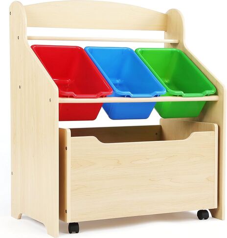 Humble Crew 3 in 1 Kids Bookshelf, Toy Organizer and Rolling Toy Box, Wood | Toddler storage with removable fabric bins and pull out chest on caster wheels, sturdy design for playroom, bedroom, nursery in Kuwait