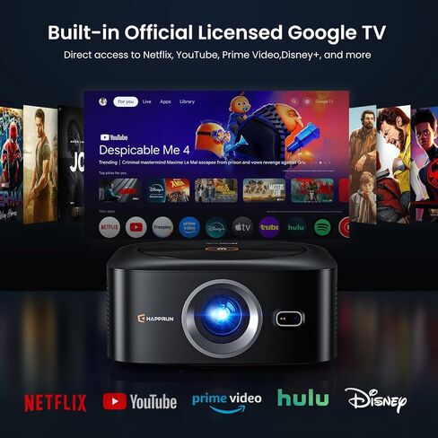 HAPPRUN 1500 ANSI Lumens Outdoor Projector with Official Google TV | 4K Supported, Dolby Audio, TOF Auto Focus & Auto Keystone, 10K+ Apps, WiFi 6, Bluetooth, Indoor & Outdoor Movies in Kuwait