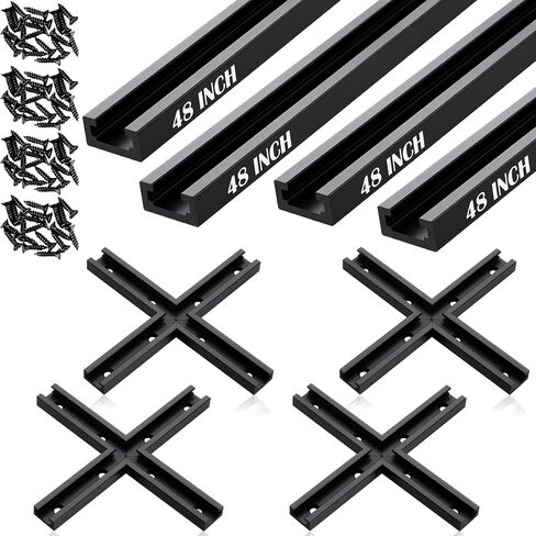 Zonon 4 Set 48'' T Track for Woodworking and T Track Intersection Kit with Predrilled Mounting Holes Wood Screw Double Cut Profile Universal T Rail Accessory Aluminum Woodworking Tool(Blue) in Kuwait