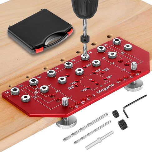 Shelf Pin Jig and Hinge Jig 2-in-1 - Aluminum Alloy Cabinet Woodworking Drilling Hole Template - Shelf Pin Drilling Jig with 1/4" and 5mm Drill Bits - Concealed Hinge Jig for Cabinet Doors in Kuwait