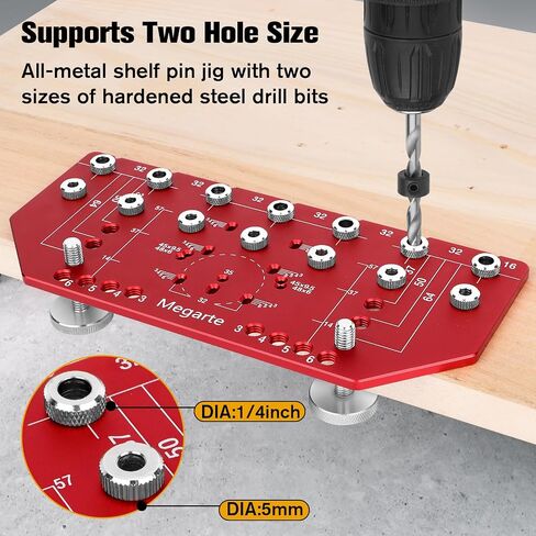 Shelf Pin Jig and Hinge Jig 2-in-1 - Aluminum Alloy Cabinet Woodworking Drilling Hole Template - Shelf Pin Drilling Jig with 1/4" and 5mm Drill Bits - Concealed Hinge Jig for Cabinet Doors in Kuwait