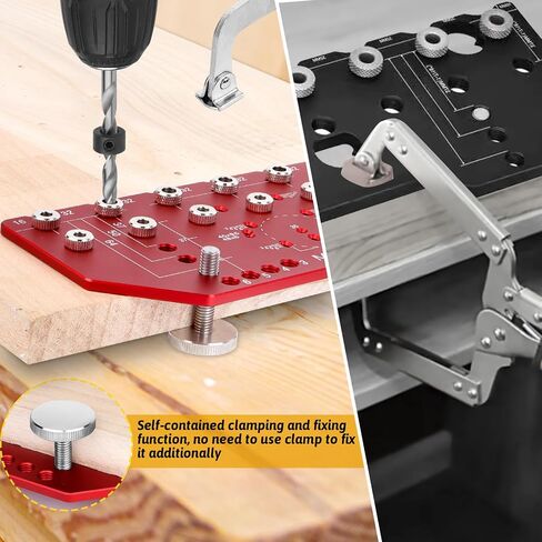 Shelf Pin Jig and Hinge Jig 2-in-1 - Aluminum Alloy Cabinet Woodworking Drilling Hole Template - Shelf Pin Drilling Jig with 1/4" and 5mm Drill Bits - Concealed Hinge Jig for Cabinet Doors in Kuwait