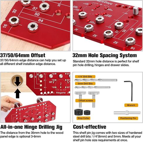 Shelf Pin Jig and Hinge Jig 2-in-1 - Aluminum Alloy Cabinet Woodworking Drilling Hole Template - Shelf Pin Drilling Jig with 1/4" and 5mm Drill Bits - Concealed Hinge Jig for Cabinet Doors in Kuwait