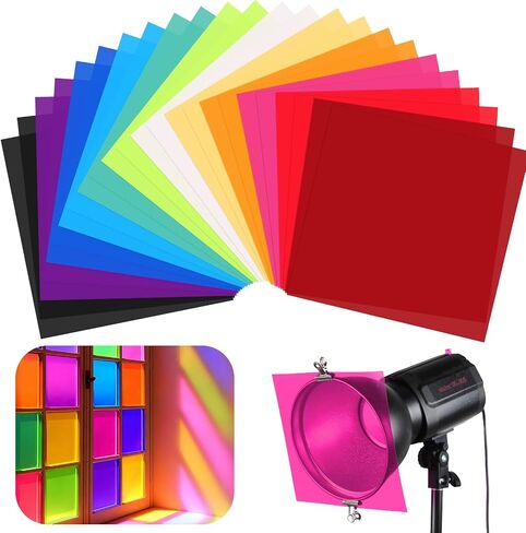 Barydat 24 Pcs Colored Gel Light Filter Transparent Color Light Gels Sheets Film Overlays Correction for Landscape LED Lighting Reading Photo Studio Headlight Film (16 x 20 Inches) in Kuwait
