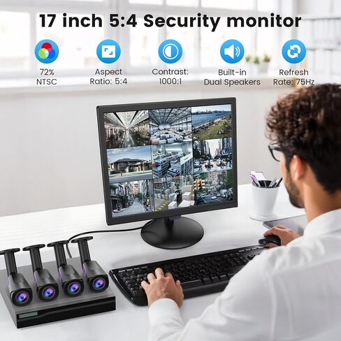 Eyoyo 17-Inch Security Camera Monitor, 1280x1024 5:4 Display | HDMI VGA AV BNC Inputs, USB Video Playback, Built-in Speaker, Remote Control, Supports NVR CCTV PC Computer in Kuwait