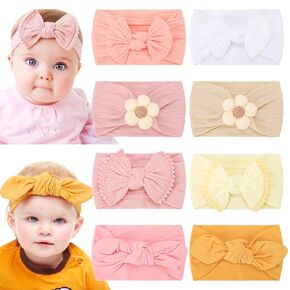 8 Pack Baby Girls Headbands with Bows Flowers Soft Nylon | Stretchy Wide Celtic Knotted Head Wraps for Newborn Infant Toddler Kids Solid Color Daily Wear Hair Accessory in Saudi Arabia