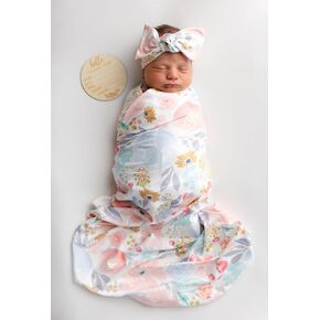 Newborn Baby Swaddle Sets with Headband and Beanie Purple Floral | Baby Grils Receiving Blanket with Name Card Stretch Wrap in Kuwait