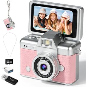 Mini Flip Screen Digital Camera, 1.47 Inch Pocket Retro Camera with USB-C Charging, 1080P/720P Video, MicroSD Support Up to 128GB, Portable Keychain Camera (Pink) in Saudi Arabia