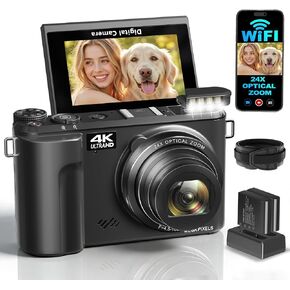 4K Digital Camera for Photography with 24X Optical Zoom & WiFi Vlog Cameras | 88MP Autofocus Vlogging Camera for YouTube with 3" 180° Flip Screen, 2 Batteries & Shoulder Strap, Black in Kuwait