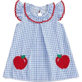 Toddler Girl Back to School Apple Embroidery Flutter Sleeve Dress | Ruffle Sleeve, Plaid Print, Apple Embroidery, Perfect for First Day of Preschool, Kindergarten Graduation, and Picture Day in Saudi Arabia