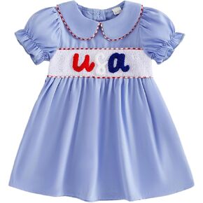 Girls 4th of July Outfit Cute Flying Sleeve Flag Smocked Embroidery Party A-line Plaid Dress in Saudi Arabia