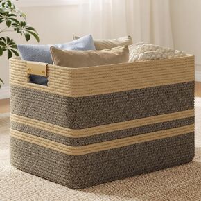 Nunsino 96L Woven Blanket Basket with Leather Handles, Cotton Rope Laundry Basket Hamper,Decorative Nursery Basket Toy Storage Basket for Kids,Living Room, Bedroom, Bathroom,Dark Brown in Saudi Arabia