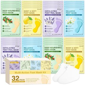 32 Pack Moisturizing Foot Mask,Hydrating Foot Masks for Dry Cracked Feet | Soothing Dry Skin Moisturizer Socks for Baby Soft Feet,Teacher Appreciation Gifts,Foot Care Spa Gifts for Women Men(4 Styles) in Kuwait