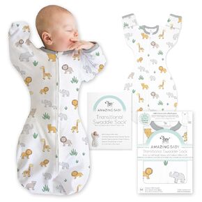 Amazing Baby Transitional Swaddle Sack, Cotton, On Safari, 3-6mo | Arms Up Half-length Sleeve Partially Suppress Moro reflex, Most Gradual Transition Swaddle for Newborn, Safe for Rolling Baby in Saudi Arabia