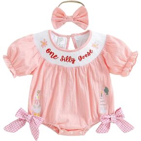 Baby Girl First Birthday Outfit One Silly Goose Bubble Romper Birthday Girl Smocked Bodysuit Cute Cake Smash Outfit in Saudi Arabia