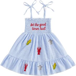 Toddler Girl Outfit Let The Good Times Boil Smocked Dress Crawfish Sleeveless Dresses Cute Summer Clothes in Saudi Arabia