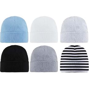6 Pack Newborn Hats for Baby Boys Infant Beanie Set 0-3 Months | Soft Cotton Infant Minimalist Striped Thin Tiny Beanies for Babies (White Light Grey Dark Grey Black Blue Striped) in Kuwait