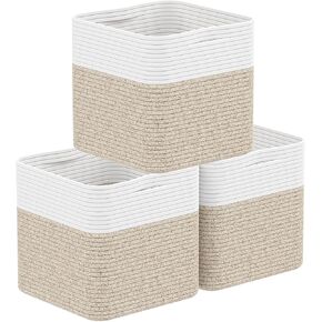 Storage Cotton Cubes 11 Inch, Woven Cotton Rope Storage Baskets for Toys Blanket Organizing, Storage Bins Decorative Organizer with Handles for Living Room Laundry Room Closet (3 Pack, Black Brown) in Saudi Arabia