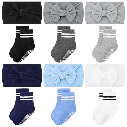 JATEBI Baby Girls Bow Headband Anti Slip Socks Set | Super Elastic Soft Cute Bow Design Suitable For Newborn Infant Toddlers Daily Matching Outfit Photography Party Accessory in Kuwait