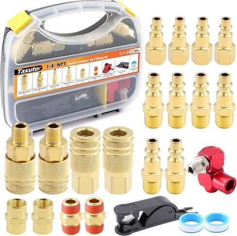 22-Piece Air Compressor Quick Connect Fittings Kit, 1/4" NPT | Quick-connect couplers swap tools in seconds. 360° swivel joint stops kinks. Copper-plated iron resists rust. in Kuwait
