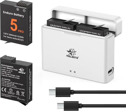 Melasta 2-Pack 2100mAh Battery Charger for DJI Osmo Action 6/5 Pro/4/3 | Compatible with DJI Osmo Action 6, 5 Pro, 4, 3. Dual-slot charging hub supports simultaneous charging for camera batteries in Kuwait