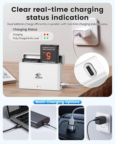 Melasta 2-Pack 2100mAh Battery Charger for DJI Osmo Action 6/5 Pro/4/3 | Compatible with DJI Osmo Action 6, 5 Pro, 4, 3. Dual-slot charging hub supports simultaneous charging for camera batteries in Kuwait