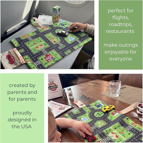 Kids Travel Activity Mat - Foldable Play Organizer for Airplane Tray, Roald Trip & Restaurant - Toddler Airplane Travel Essentials (“Road Explorer" Car Mat) in Kuwait