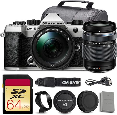 OM SYSTEM OM-5 Mark II Mirrorless Camera with 12-45mm f/4 PRO Lens Bundle | 20MP Sensor, 5-Axis IBIS, Weather-Sealed Body & 4K Video | Great for Travel & Outdoors (V210071BU000) + 64GB Card + Bag in Kuwait