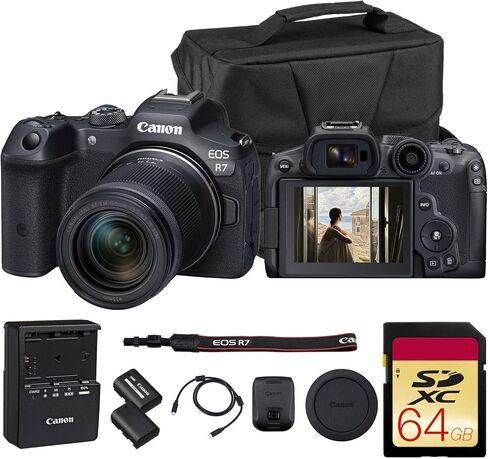Canon EOS R7 Mirrorless Camera with 18-150mm Lens | Speed, Precision, and Versatility for Hybrid Creators (5137C009) + LP-E6P Battery + 64GB Memory Card + Shoulder Bag in Kuwait