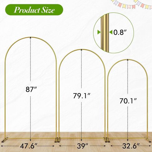 Metal Arch Backdrop Stand Set of 3 (6ft/6.6ft/7.2ft) - Gold Wedding Arch Frame for Ceremony, Birthday, Baby Shower & Party Decor, Ideal for Balloons, Flowers & Photo Shoots Indoor Outdoor in Kuwait