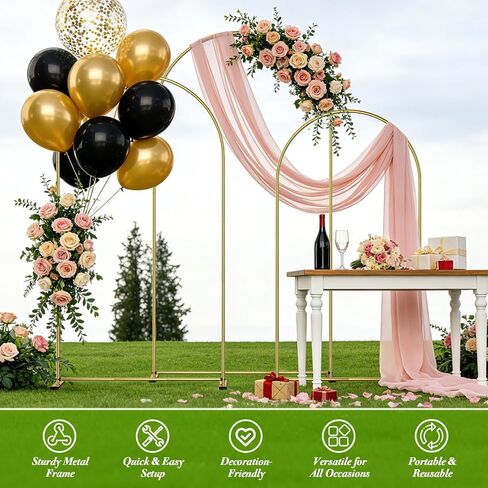 Metal Arch Backdrop Stand Set of 3 (6ft/6.6ft/7.2ft) - Gold Wedding Arch Frame for Ceremony, Birthday, Baby Shower & Party Decor, Ideal for Balloons, Flowers & Photo Shoots Indoor Outdoor in Kuwait