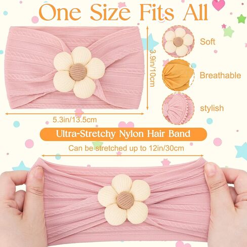 8 Pack Baby Girls Headbands with Bows Flowers Soft Nylon | Stretchy Wide Celtic Knotted Head Wraps for Newborn Infant Toddler Kids Solid Color Daily Wear Hair Accessory in Kuwait