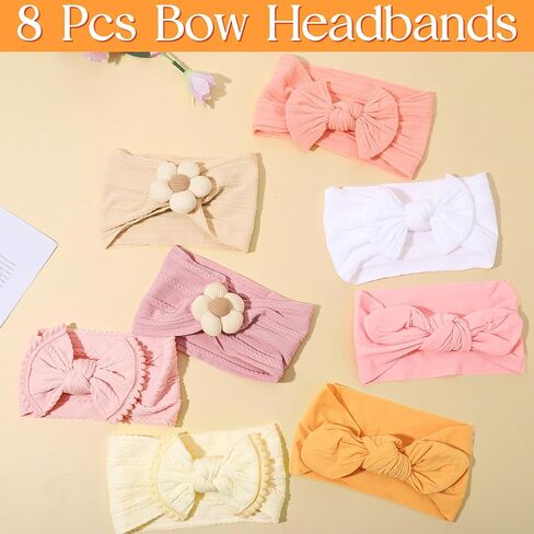8 Pack Baby Girls Headbands with Bows Flowers Soft Nylon | Stretchy Wide Celtic Knotted Head Wraps for Newborn Infant Toddler Kids Solid Color Daily Wear Hair Accessory in Kuwait