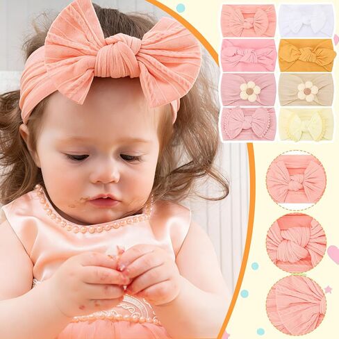 8 Pack Baby Girls Headbands with Bows Flowers Soft Nylon | Stretchy Wide Celtic Knotted Head Wraps for Newborn Infant Toddler Kids Solid Color Daily Wear Hair Accessory in Kuwait