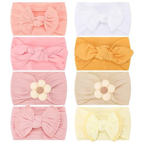 8 Pack Baby Girls Headbands with Bows Flowers Soft Nylon | Stretchy Wide Celtic Knotted Head Wraps for Newborn Infant Toddler Kids Solid Color Daily Wear Hair Accessory in Kuwait