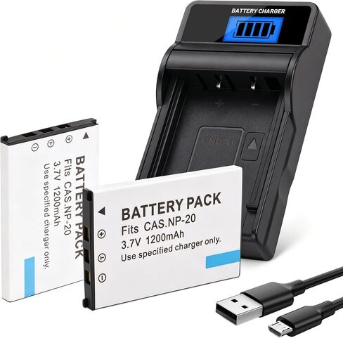 2-Pack NP-20 Battery and Slim LCD Charger, Replacement for Casio NP-20 CNP-20, Compatible with Casio Exilim EX-M1 M2 M20 S1 S2 S3 S20 Z4 Z5 Z6 Z7 Z8 Cameras in Kuwait