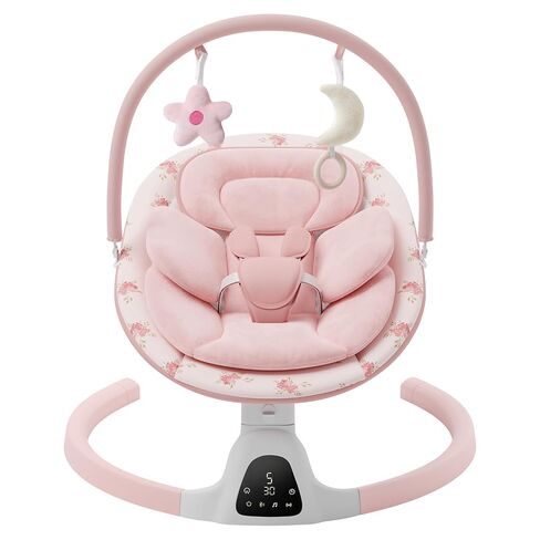 Baby Swings for Infants, Electric Infant Swing with 5 Speed Modes, 5-Point Harness, 3 Timer Settings, Built-in Songs & Bluetooth, Portable Baby Swing with Pink Printed Seat Pad, Indoor Outdoor Use in Kuwait