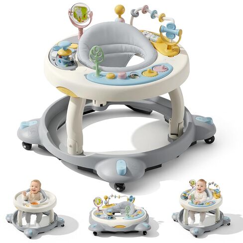 Baby Walker with Wheels, Foldable Baby Walker for Baby 6-12 Months, 3-Position Rotating Seat with Interactive Activity Center, Music Buttons, Baby Walkers for Boys Girls(Grey) in Kuwait