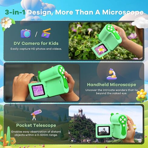 Hideal HP60 IPS Microscope for Kids: [Auto On & Off] [3-in-1] 2" Portable Handheld Microscope Miniscope, Pocket Mini Scope Educational Science Kit, Christmas Birthday Gifts for Kids, PC View, Green in Kuwait