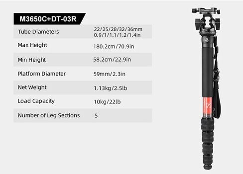 SUNWAYFOTO M3650C + DT-03R CF Monopod 36mm Top Section 10kg 22lb Max Load Carbon Fiber 1/4" / 3/8" Super Portable + Arca Compatible Panning QR Clamp Head in Kuwait