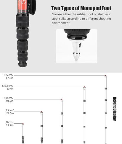 SUNWAYFOTO M3650C + DT-03R CF Monopod 36mm Top Section 10kg 22lb Max Load Carbon Fiber 1/4" / 3/8" Super Portable + Arca Compatible Panning QR Clamp Head in Kuwait